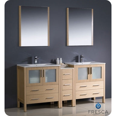Fresca Torino 72" Light Oak Modern Double Sink Bathroom Vanity w/ Side Cabinet & Integrated Sinks - living-essentials