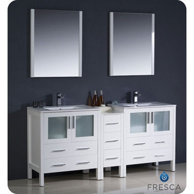 Fresca Torino 72" White Modern Double Sink Bathroom Vanity w/ Side Cabinet & Integrated Sinks - living-essentials