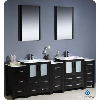Fresca Torino 84" Espresso Modern Double Sink Bathroom Vanity w/ 3 Side Cabinets & Integrated Sinks - living-essentials