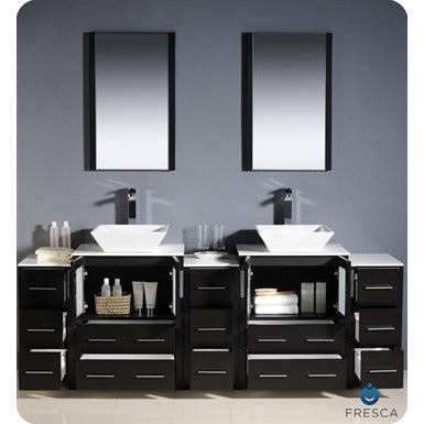Fresca Torino 84" Espresso Modern Double Sink Bathroom Vanity w/ 3 Side Cabinets & Vessel Sinks - living-essentials