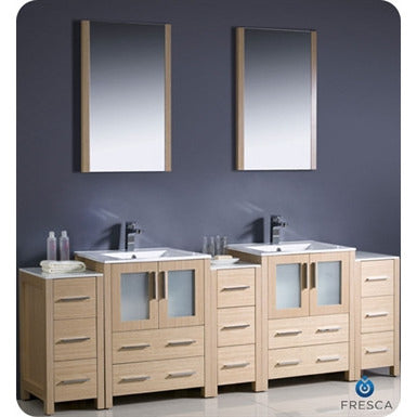 Fresca Torino 84" Light Oak Modern Double Sink Bathroom Vanity w/ 3 Side Cabinets & Integrated Sinks - living-essentials