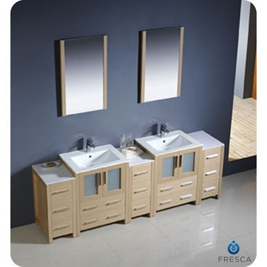 Fresca Torino 84" Light Oak Modern Double Sink Bathroom Vanity w/ 3 Side Cabinets & Integrated Sinks - living-essentials