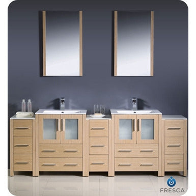 Fresca Torino 84" Light Oak Modern Double Sink Bathroom Vanity w/ 3 Side Cabinets & Integrated Sinks - living-essentials