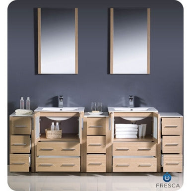 Fresca Torino 84" Light Oak Modern Double Sink Bathroom Vanity w/ 3 Side Cabinets & Integrated Sinks - living-essentials
