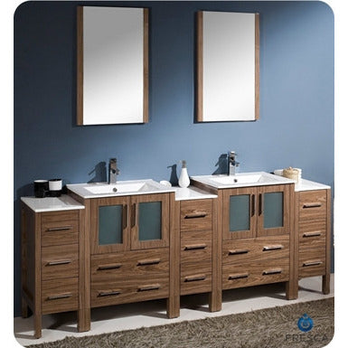 Fresca Torino 72" Walnut Brown Modern Double Sink Bathroom Vanity w/ Side Cabinet & Integrated Sinks - living-essentials