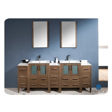 Fresca Torino 84" Walnut Brown Modern Double Sink Bathroom Vanity w/ 3 Side Cabinets & Integrated Sinks - living-essentials