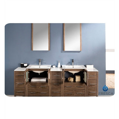 Fresca Torino 84" Walnut Brown Modern Double Sink Bathroom Vanity w/ 3 Side Cabinets & Integrated Sinks - living-essentials