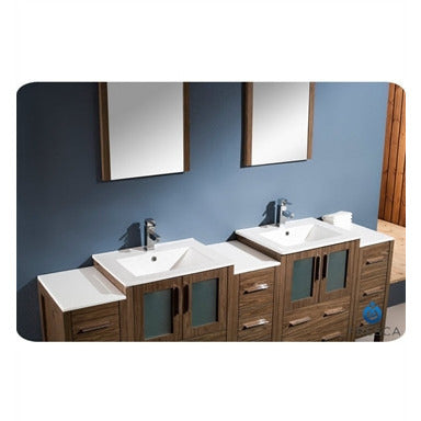 Fresca Torino 84" Walnut Brown Modern Double Sink Bathroom Vanity w/ 3 Side Cabinets & Integrated Sinks - living-essentials