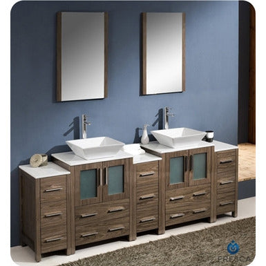 Fresca Torino 84" Walnut Brown Modern Double Sink Bathroom Vanity w/ 3 Side Cabinets & Vessel Sinks - living-essentials