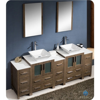Fresca Torino 84" Walnut Brown Modern Double Sink Bathroom Vanity w/ 3 Side Cabinets & Vessel Sinks - living-essentials