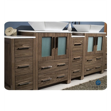 Fresca Torino 84" Walnut Brown Modern Double Sink Bathroom Vanity w/ 3 Side Cabinets & Vessel Sinks - living-essentials