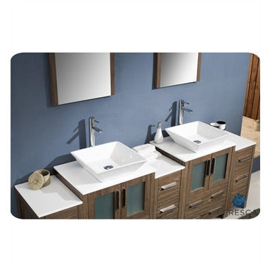 Fresca Torino 84" Walnut Brown Modern Double Sink Bathroom Vanity w/ 3 Side Cabinets & Vessel Sinks - living-essentials