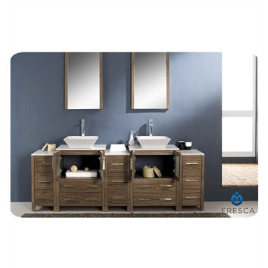 Fresca Torino 84" Walnut Brown Modern Double Sink Bathroom Vanity w/ 3 Side Cabinets & Vessel Sinks - living-essentials