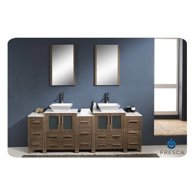 Fresca Torino 84" Walnut Brown Modern Double Sink Bathroom Vanity w/ 3 Side Cabinets & Vessel Sinks - living-essentials