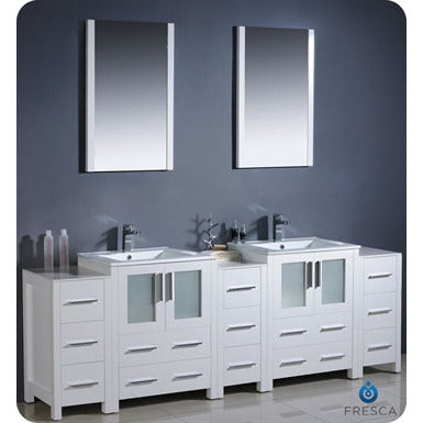 Fresca Torino 84" White Modern Double Sink Bathroom Vanity w/ 3 Side Cabinets & Integrated Sinks - living-essentials