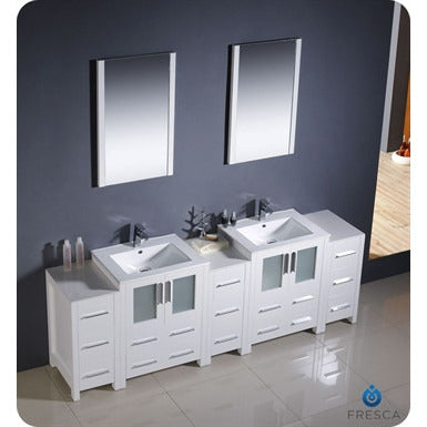 Fresca Torino 84" White Modern Double Sink Bathroom Vanity w/ 3 Side Cabinets & Integrated Sinks - living-essentials