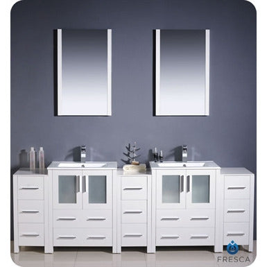 Fresca Torino 84" White Modern Double Sink Bathroom Vanity w/ 3 Side Cabinets & Integrated Sinks - living-essentials