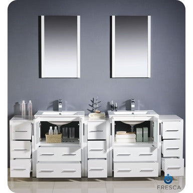 Fresca Torino 84" White Modern Double Sink Bathroom Vanity w/ 3 Side Cabinets & Integrated Sinks - living-essentials