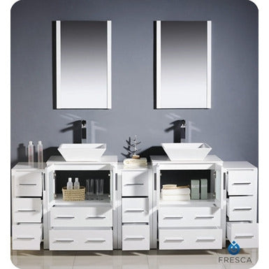 Fresca Torino 84" White Modern Double Sink Bathroom Vanity w/ 3 Side Cabinets & Vessel Sinks - living-essentials